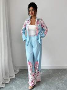 Modelyn 2件套女士花卉印花前扣长袖上衣和长裤套装 - 藍色 - 查看 5