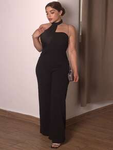 Lupita Cardoza Solid Halter Neck Wide Leg Jumpsuit - Black - View 4