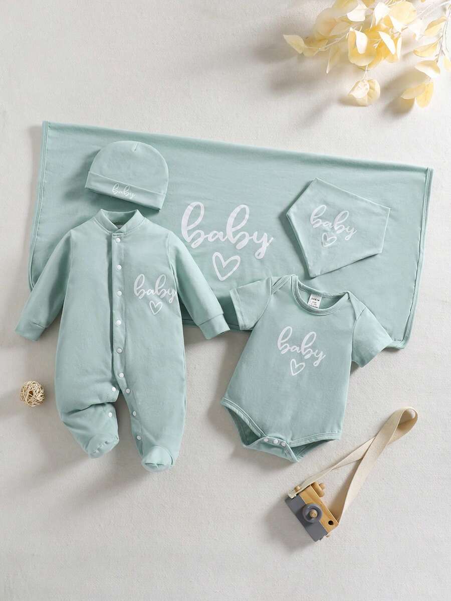 Newborn Baby 5pcs Set Spring/Summer Jumpsuit, Bib, Swaddle Blanket, Bodysuit, Hat, Casual Letter Print Furniture Outfit Newborn Baby Layette Set Baby Unisex Clothes Sets - Green - View 1