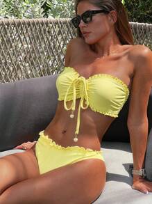 Swim Mod Damen einfarbiger, süßer Rüschen-Binden-Vorne Lässig Beach Gelb Bikini-Set, Sommer - Gelb - Übersicht 1
