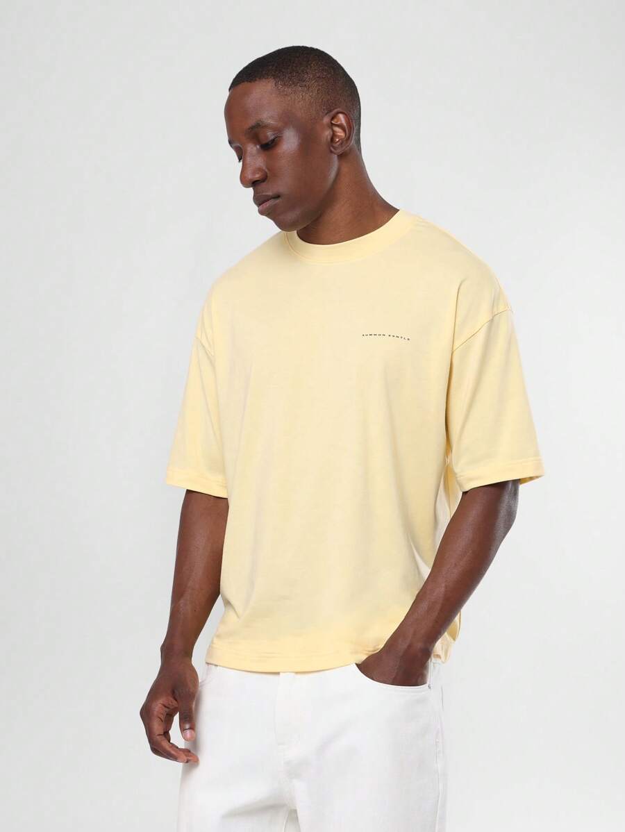 SUMWON 基本款常规版型棉质短袖 T 恤，后背有接缝细节，休闲日常穿着，基本款 T 恤，简约设计 - 黃色 - 查看 1
