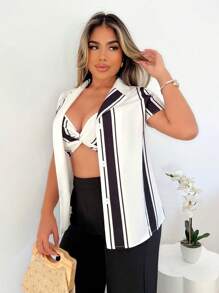 SHEIN LUNE Bộ vest sọc gợi cảm và thanh lịch dành cho nữ, thích hợp cho kỳ nghỉ và lễ hội âm nhạc - Đen và trắng - Xem 3