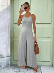 SHEIN LUNE Bộ đồ liền thân ống rộng không tay màu đen có túi dành cho nữ, trang phục mùa hè thoải mái và giản dị, chất liệu dệt kim - Xám - Xem 5