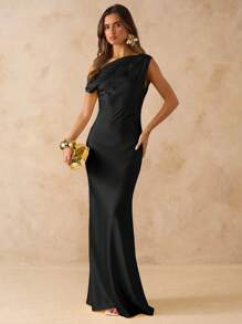 SHEIN BAE Váy xòe hở lưng không đối xứng màu vàng trơn gợi cảm mùa xuân hè, cổ khoét sâu hở lưng, thích hợp cho tiệc tùng, cocktail, những dịp trang trọng, váy phù dâu, váy ngắn sinh nhật - màu đen - Xem 3