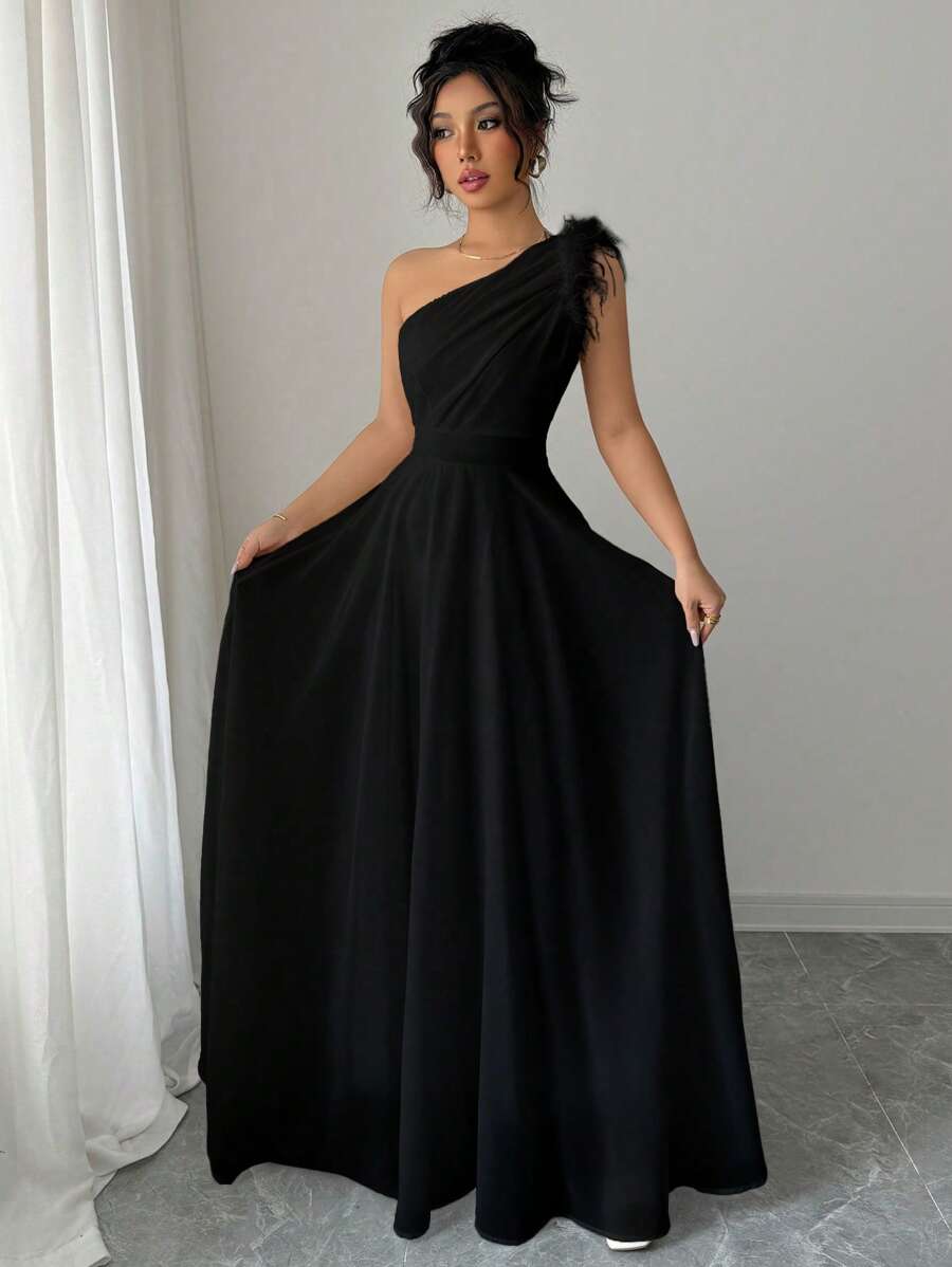 Modelyn French Retro Mori Style Ultra Chic Asymmetric Neckline Sleeveless Formal Black Dress - Black - View 1