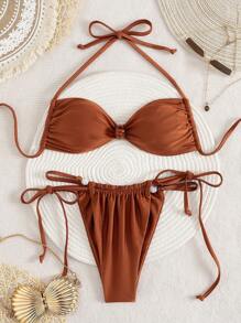 Swim Chiccia 女士夏季海滩音乐节棕色闪亮面料串珠露背系带丁字裤性感度假风格比基尼套装