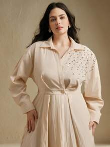 Anewsta Váy thời trang cao cấp đính đinh tán thiết kế nghệ thuật cỡ lớn dành cho nữ, thanh lịch - Màu be - Xem 3