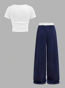 SHEIN 青少年女孩炫酷运动纯色短袖T恤和直筒运动裤套装 - 藏蓝色 - 查看 2