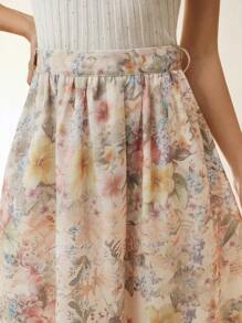 Anewsta Elegant & Intellectual Women's Chiffon Digital Placement Print Flared Mid-Length Skirt, Spring/Summer - Apricot - View 1