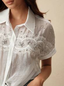 Anewsta Women's Luxurious French Lace Trim Beaded Short Sleeve Bow Tied Blouse Shirt - White - View 1
