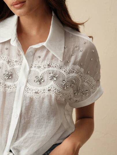 Anewsta Women's Luxurious French Lace Trim Beaded Short Sleeve Bow Tied Blouse Shirt