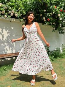SHEIN EZwear 大码女式樱桃水果印花蝴蝶结 V 领连衣裙，夏季