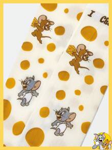 TOM & JERRY X SHEIN 1 Đôi tất dài đến bắp chân in họa tiết hoạt hình và pho mát dễ thương cho nữ - Nhiều màu - Xem 2