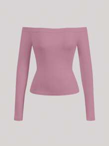 SHEIN BASICS 休闲纯色露肩长袖修身女式针织上衣 - 紫色 - 查看 1
