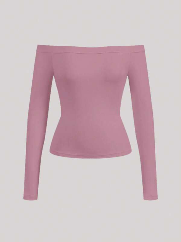 SHEIN BASICS Casual Solid Color Off-Shoulder Long Sleeve Fitted Women Knitted Top,Fall Tops