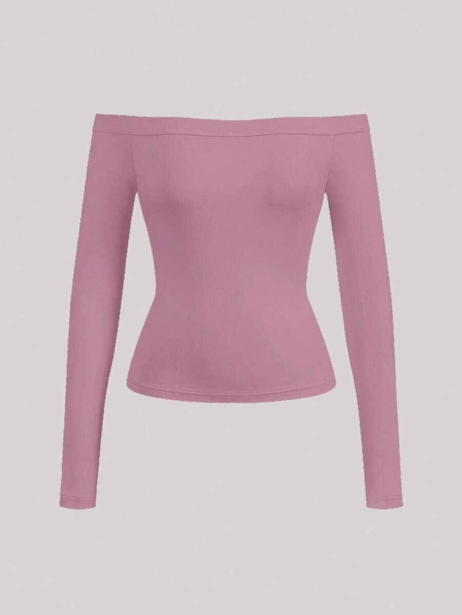 SHEIN BASICS 休闲纯色露肩长袖修身女式针织上衣 - 紫色 - 查看 1