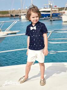 Joliand Joliand Set de 2 piezas con blusa de polo de manga corta con estampado de faro y pantalón corto blanco, un conjunto elegante y urbano adecuado para uso casual diario, viajes y playa, para jóvenes y niños.