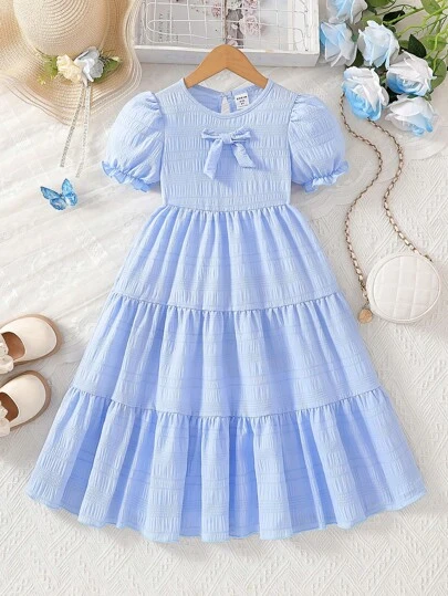 Elladie kids Young Girls Red Bow Short Sleeve Round Neck A-Line Princess Party Dress, Suitable For Party And Holiday, Summer Baby Blue Girl Dress Sky Blue Girl Dress Girls Light Blue Dress Girls Summer Dress Girls Puff Sleeve Dress