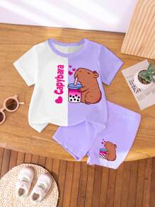 Bộ đồ thời trang cho bé gái mới biết đi, hoạt hình sáng tạo dễ thương màu xanh lam, tách trà sữa Boba & họa tiết Alpaca, khối màu, áo ngắn tay cơ bản, đơn giản & quần short biker - Nhiều màu - Xem 6