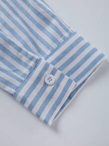 SHEIN LUNE 加大码蓝白条纹及膝秋季连衣裙，带开领衬衫，淡蓝色连衣裙，女士有袖连衣裙，蓝色返校节连衣裙，舒适棉质商务休闲女式工作服商务连衣裙 - 淺藍色 - 查看 5