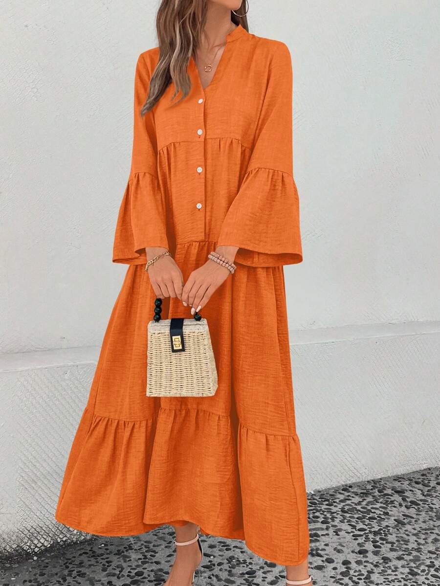 SHEIN LUNE 女式纯色 V 领喇叭单排扣休闲宽松连衣裙,春夏长款女装 - 橘色 - 查看 1