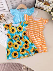 3 Pcs Set Baby/Toddler Girls Knitted Striped, Polka Dot, Sunflower Print Summer Casual Dress With Cap Sleeve Baby Girl Summer Dress Toddler Sunflower Dress Baby Girl Sleeveless Dress Baby Clothes With Sunflowers Toddler Flower Dress - Multicolor - View 1