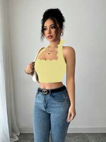INAWLY Sexy Vacation Black Halter Tie Ruffled Neck Cropped Tank Top For Women - Yellow - View 7