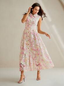 Anewsta 优雅水溶性蕾丝花边印花翻领经典单排扣束腰无袖连衣裙，适合春夏季女士 - 彩色 - 查看 5