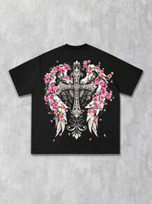ROMWE MEN Goth 男士哥特休闲十字架、花朵和翅膀印花T恤，适合夏季和万圣节穿着