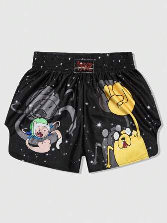 Adventure Time X ROMWE Men's Cartoon Pattern Elastic Waist Boxing Shorts, For Back To School