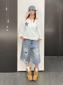 SHEIN 少女休闲舒适不对称领星形印花长袖卫衣 - 白色 - 查看 12