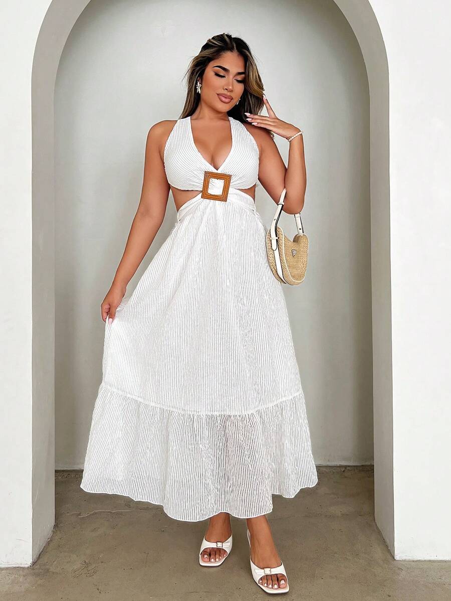 Xyvia Women Solid Color Lace-Up Crossed Wrap-Around Hollow Dress - White - View 1