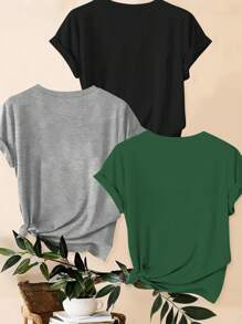 SHEIN LUNE Bộ 3 áo phông thường ngày cỡ lớn - Họa tiết da báo, thiết kế hình trái tim và khẩu hiệu, mùa hè - Nhiều màu - Xem 2