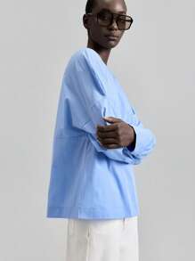 Ontre 2025 Autumn Solid Color Round Neck Casual Long Sleeve Shirt, Suitable For Holiday, Beach, Party, All-Match, Festival, Social, Women's Party, Versatile, Daily Commute, Music Festival, Business Casual, Office, School Wear - Blue - View 4