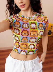 GARFIELD | SHEIN Women's Summer Y2K Cute Cartoon Cat Graphic Print Slim Fitted Cropped Top,Cute Mesh Top,Back To School