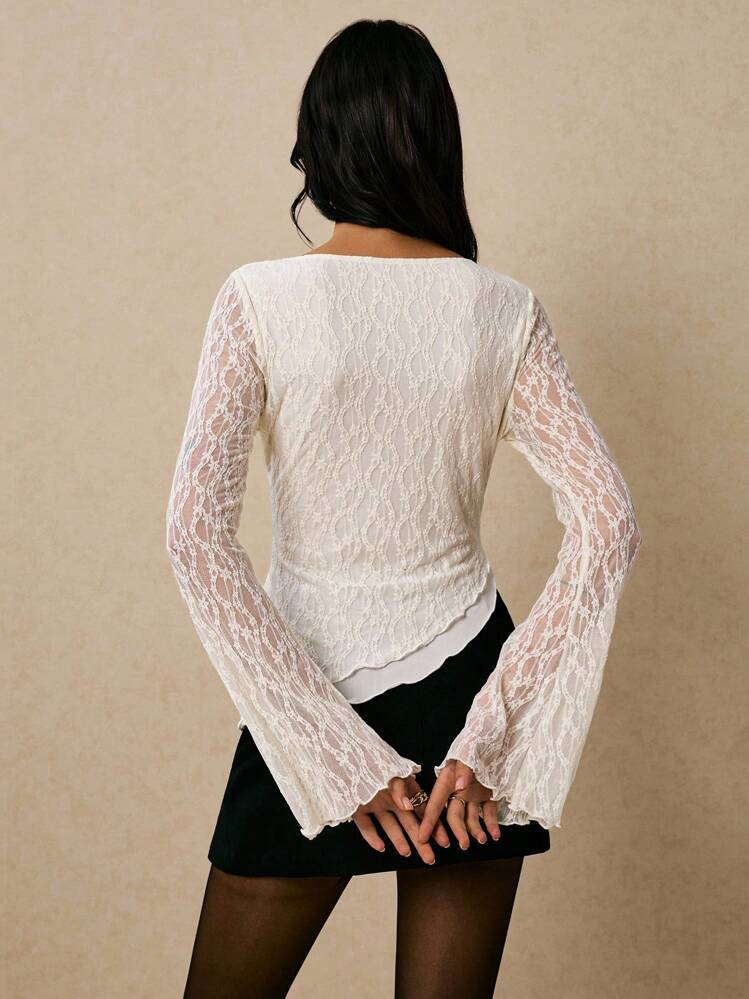 White Lace Flare Sleeve Blouse – Asymmetrical Hem Sheer Mesh Top For Women,Lace Blouse Women,Asymmetrical Hem Top,White Lace Top,Elegant Long Sleeve Top,Party Blouse Women - Apricot - View 2