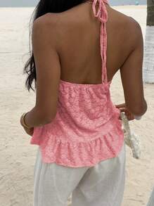 Sunnyshic Solid Color Lace Patchwork Twist Front Camisole Tank Top, Fashionable Summer - Pink - View 2