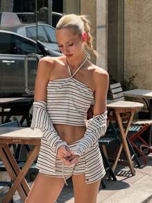 SHEIN ICON 3 件套女式条纹印花露背上衣 + 长袖夹克 + 短裤 7 月 4 日女士服装 返校运动连衣裙 - 彩色 - 查看 8