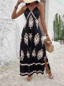 Breezaya 度假休闲细肩带开叉连衣裙，带有随机花卉图案，超长度假海滩装，女士