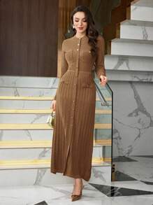 Modelyn Đầm len dài cổ tròn thanh lịch cho nữ - màu nâu - Xem 4