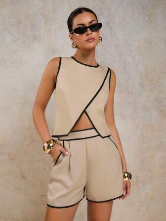 COSMINA Top sin mangas de cuello redondo con dobladillo asimétrico y ribete de color contrastante, para verano