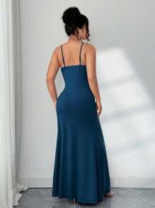 Elenzga Plus Size Elegant Sexy Backless Ruched Slim Fit Bodycon Dress - Teal Blue - View 2