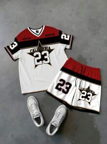 Manfinity Campus Court 男士字母印花V领短袖休闲T恤和抽绳腰短裤套装 - 彩色 - 查看 4