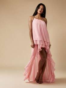 MISSGUIDED Asymmetric High Low Chiffon Maxi Dress One Shoulder Ruffled Layer Party Bridesmaid Prom Gown Greek Style Flowy Wedding Guest Summer Spring - Pink - View 1