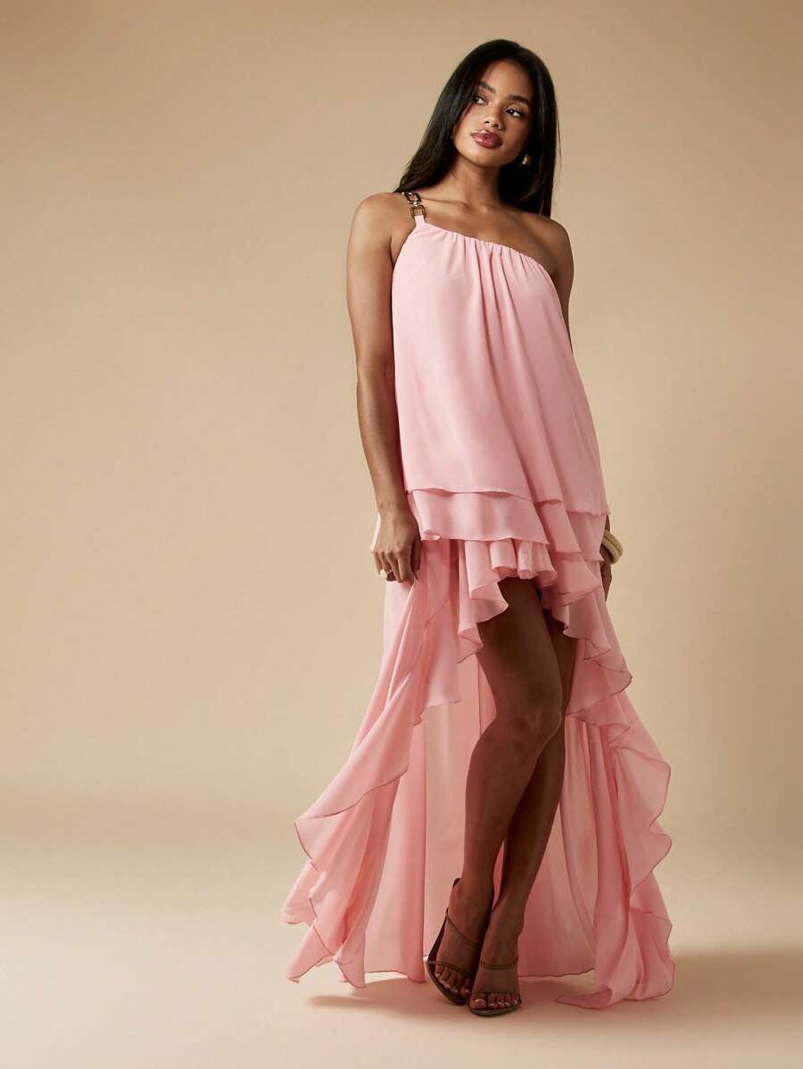MISSGUIDED Asymmetric High Low Chiffon Maxi Dress One Shoulder Ruffled Layer Party Bridesmaid Prom Gown Greek Style Flowy Wedding Guest Summer Spring - Pink - View 1