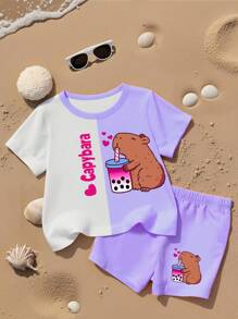 Bộ đồ thời trang cho bé gái mới biết đi, hoạt hình sáng tạo dễ thương màu xanh lam, tách trà sữa Boba & họa tiết Alpaca, khối màu, áo ngắn tay cơ bản, đơn giản & quần short biker - Nhiều màu - Xem 5