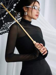 DAZY 高领网眼上衣透明长袖女式上衣，秋季女装 - 黑色 - 查看 1