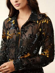 Anewsta 秋冬优雅天鹅绒烂花面料半透明衬衫和松紧腰直筒裤两件套女装 - 黑色 - 查看 7