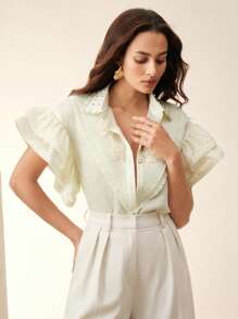 Anewsta Blouse ornée de fleurs 3D en perles de et de faux-perles avec une garniture de volants, pour l'été