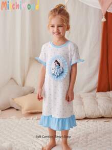 Baby Girl Blue Polka Dot Ruffle Print Princess Pattern Summer Short Sleeve Maxi Nightgown Loungewear - White - View 1